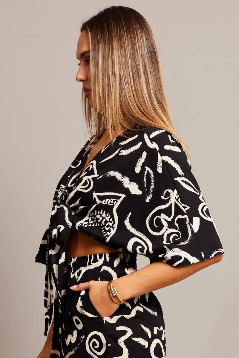 Black Abstract Tie Up Bolero Short Sleeve