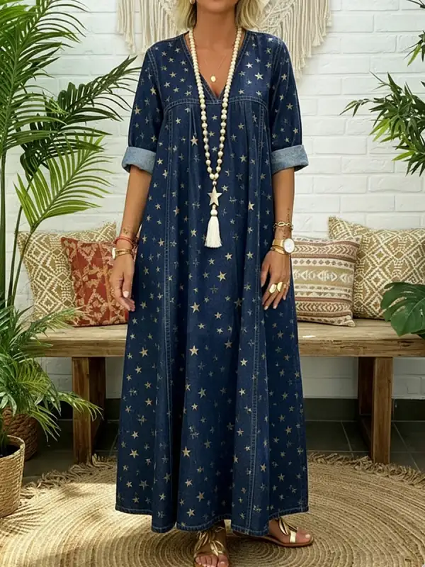 Sleeves Pleated Printed Long Neck Maxi Dress