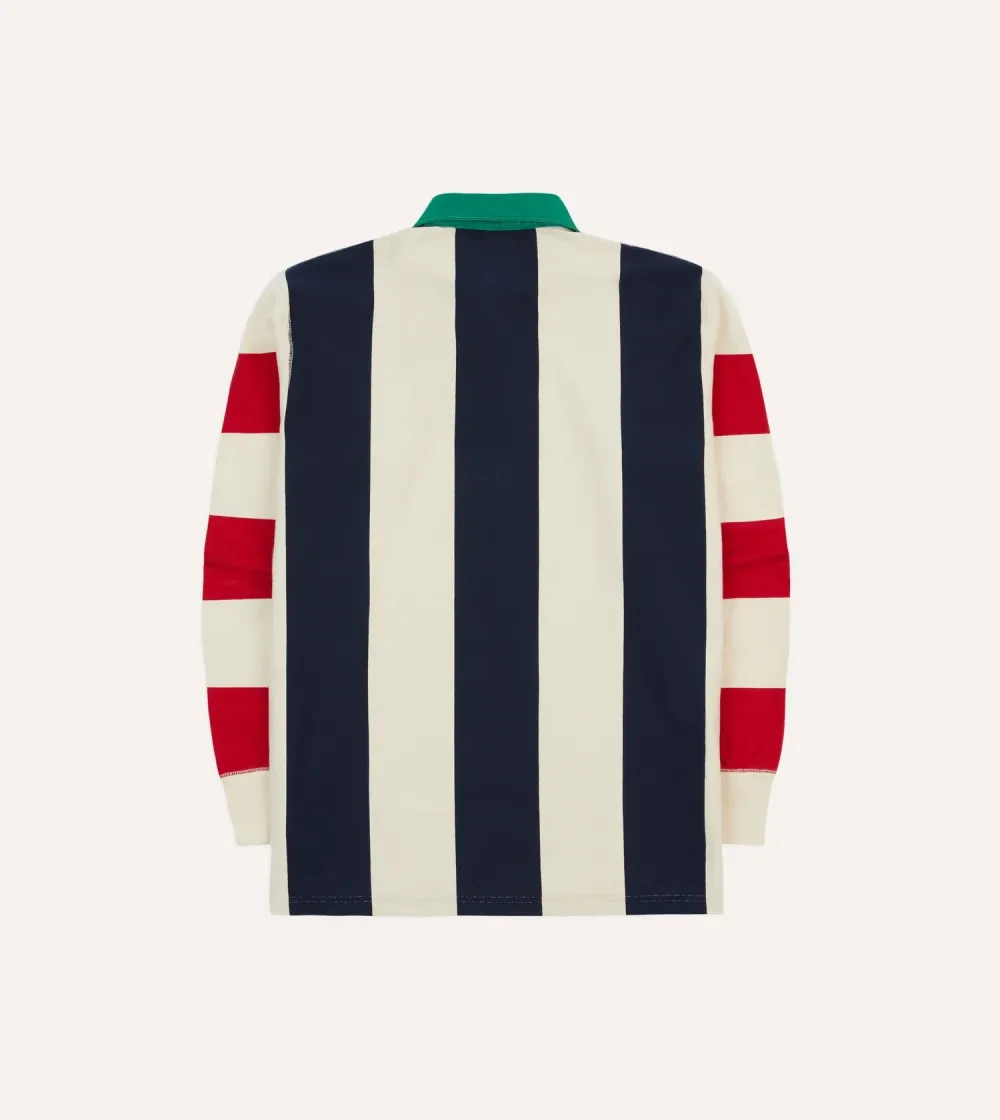 Navy, Red And Ecru Vertical Block Stripe Cotton Rugby Shirt Plain