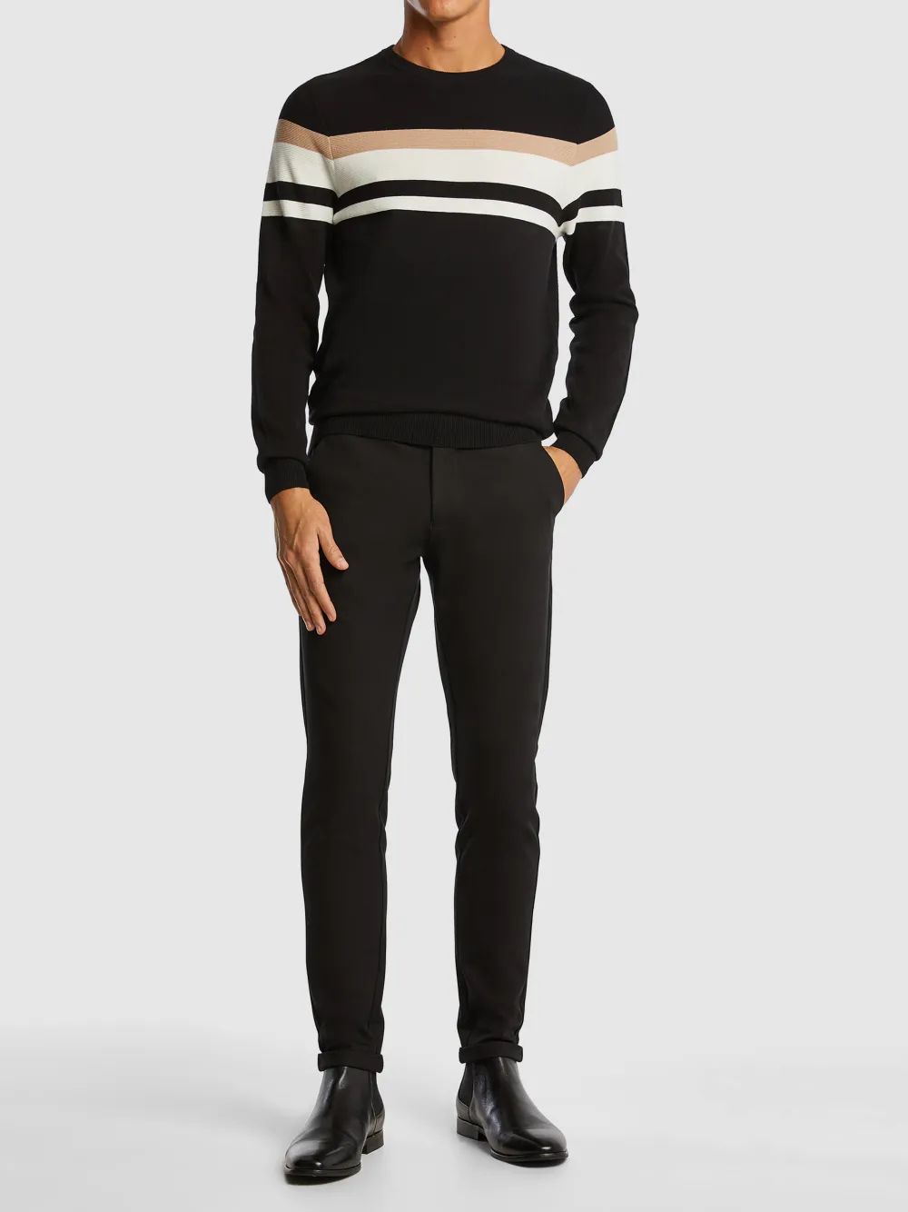 Black Striped Crew Neck Knit Sweater