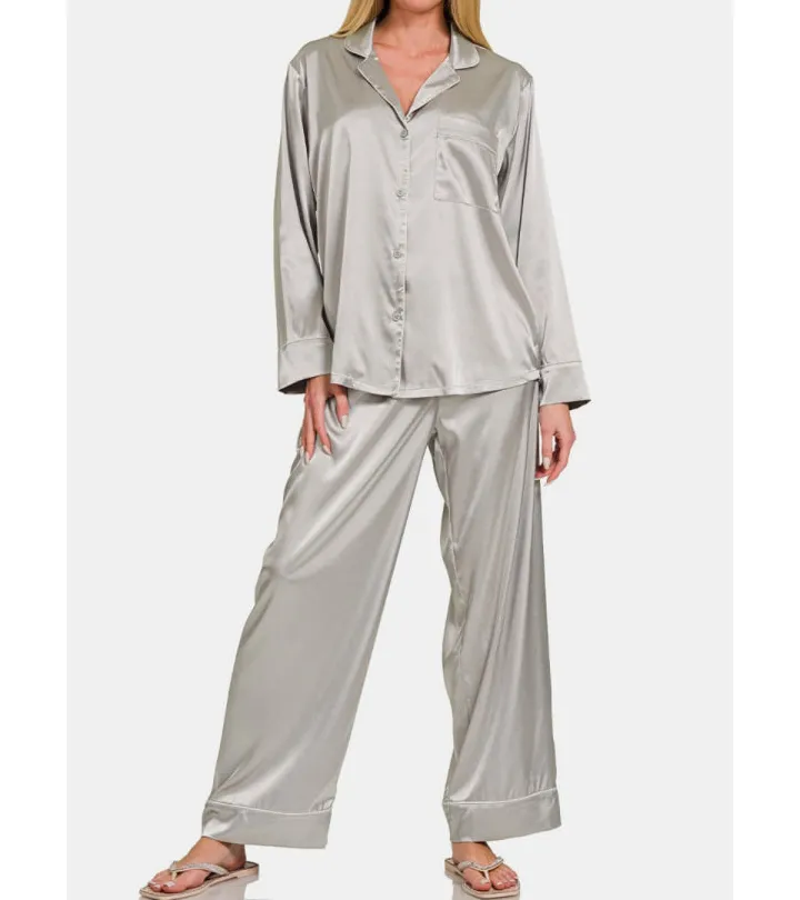 Satin Long Sleeve Shirt and Pants Pajama Set