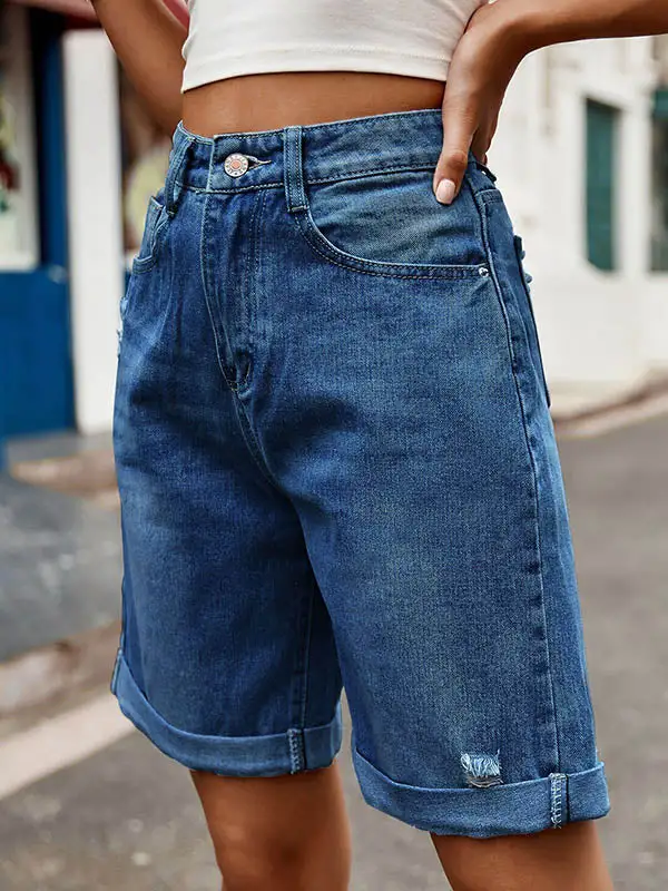 Hoog Getailleerde Losse Zakken Met Knopen Jeansbroeken Shorts