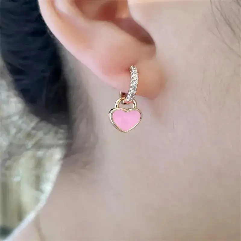 Small Drop Earrings Sweet Red Heart Shape With Cubic Zircon Shiny Gold