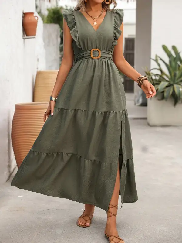 V Neck Ruffle Tiered Dress Casual