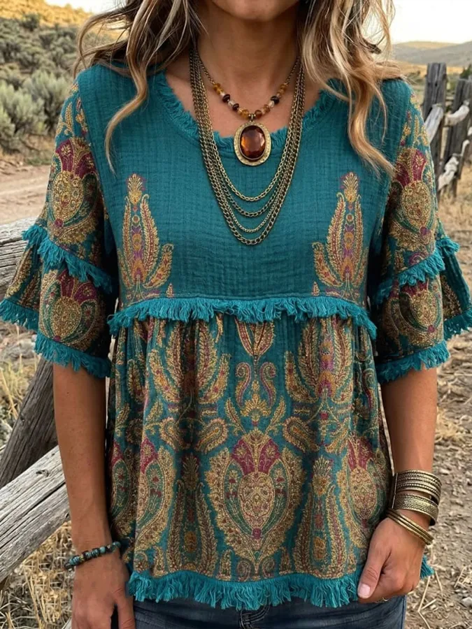 Women'S Vintage Ethnic Flowers Print Patchwork Cotton And Linen Shirt
