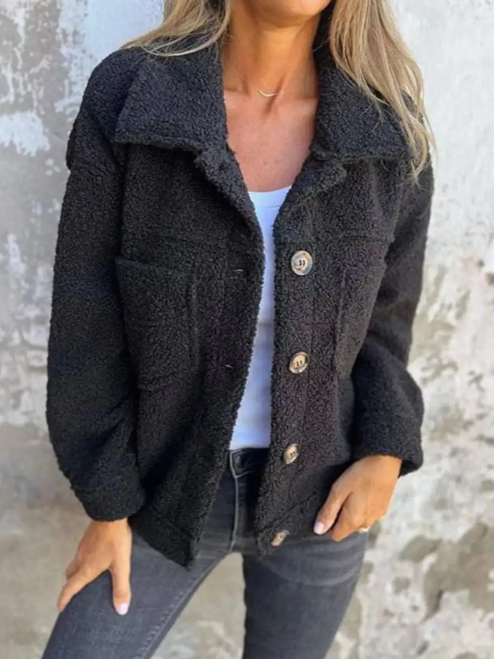 Full Size Single-breasted Sherpa Shacket Plus Size
