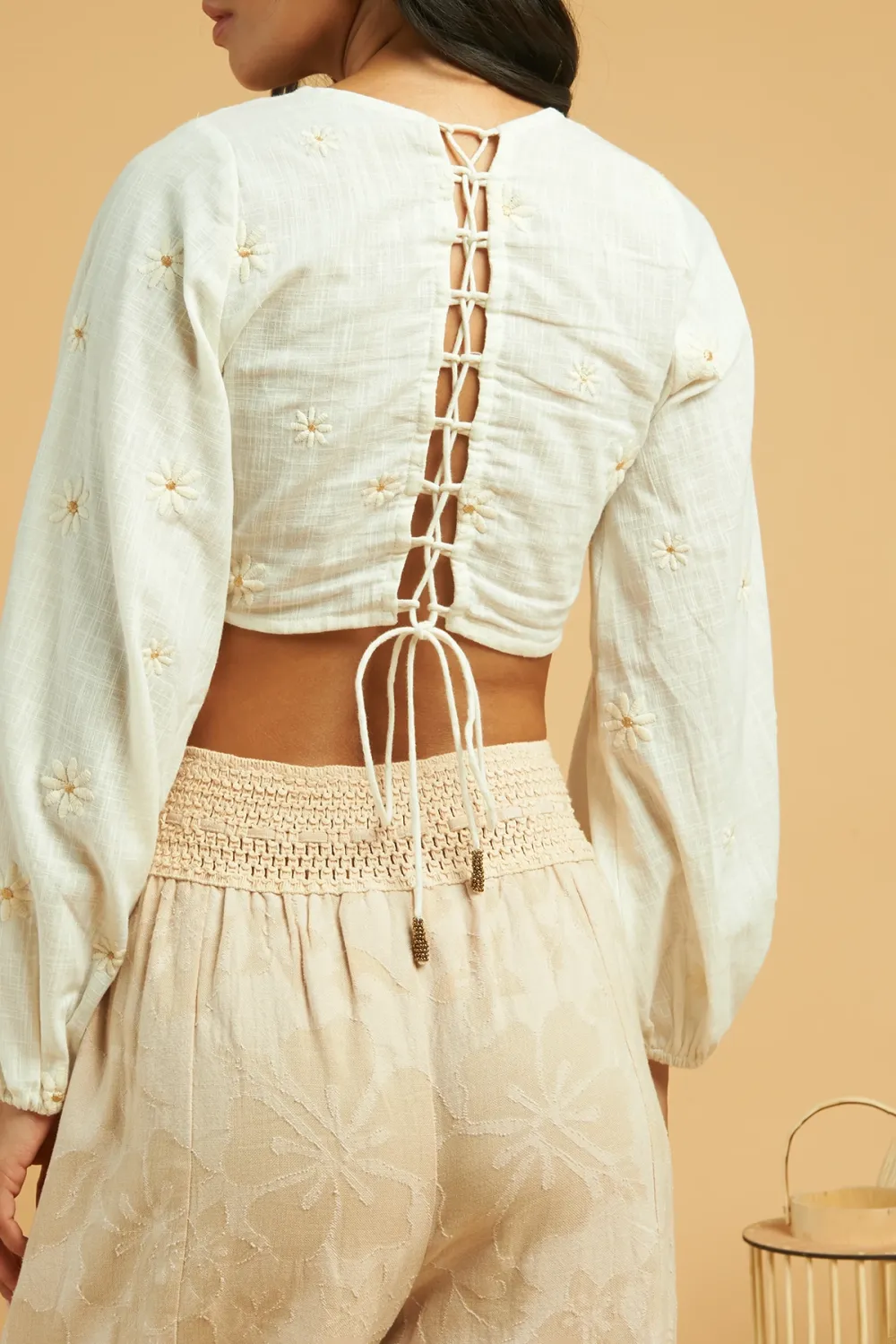 White Embroidered V Neck Crop Top