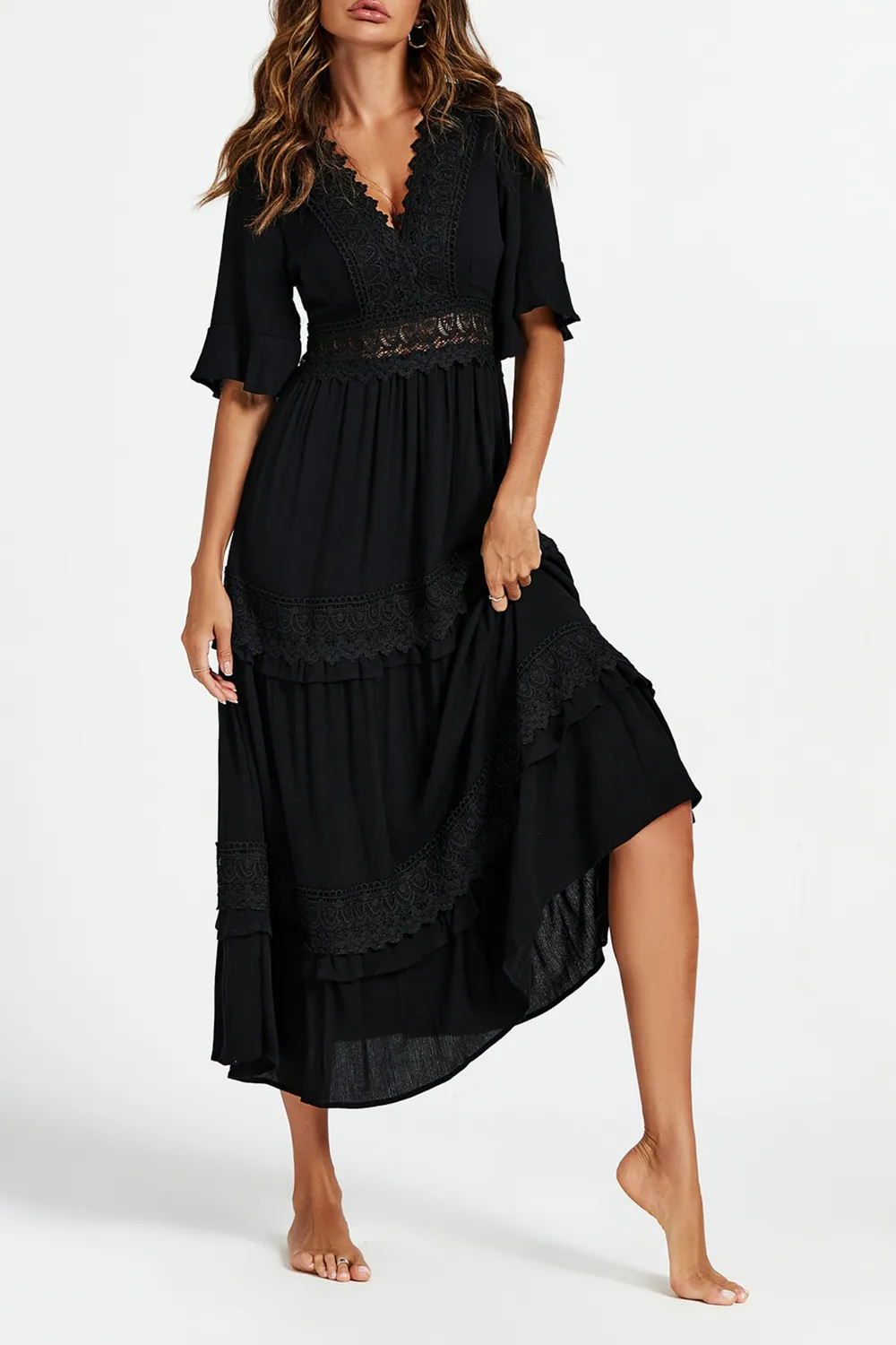 Black V-Neck Lace Ladies Elegant Dress