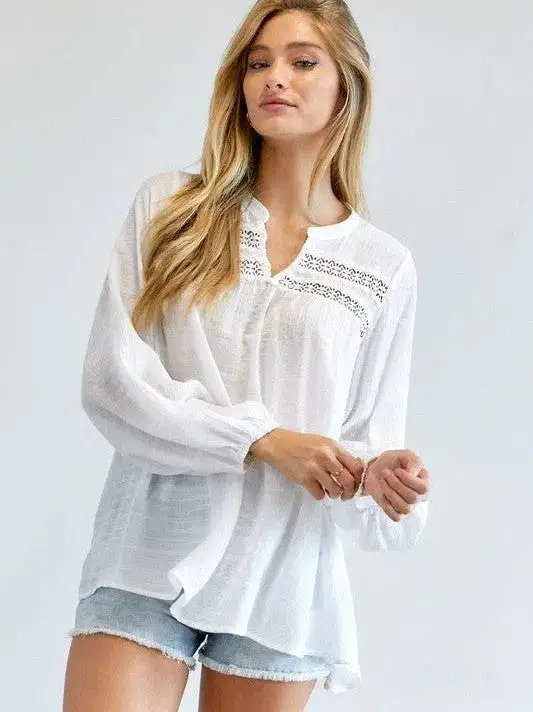 Joy in the Little Things V-cut Long Sleeve Casual White Blouse