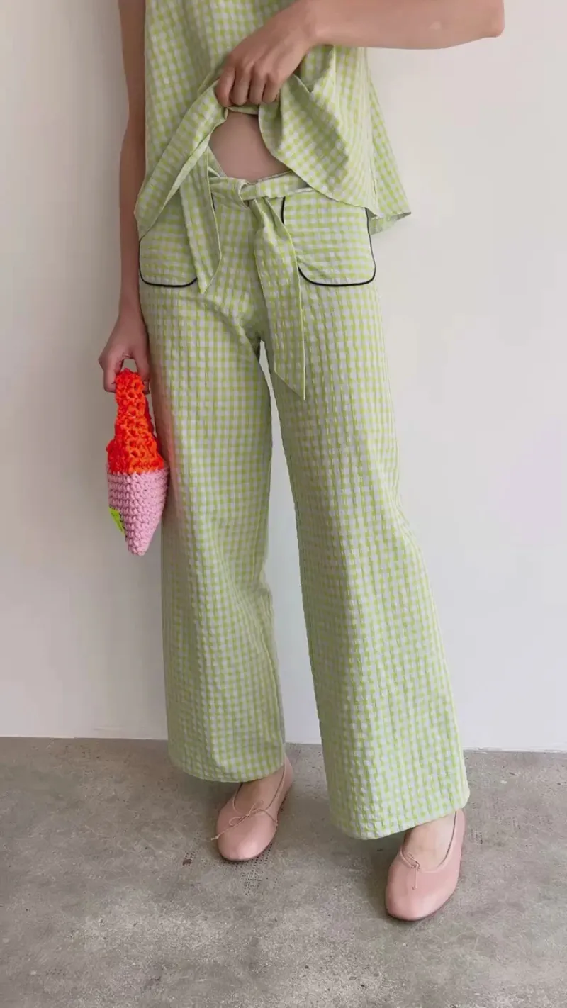 GREEN VICHY BOW PANTS