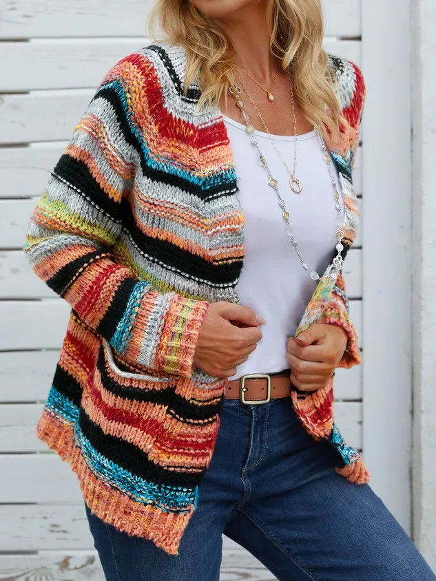 Jacket Long Sleeve Casual Striped Sweater coat