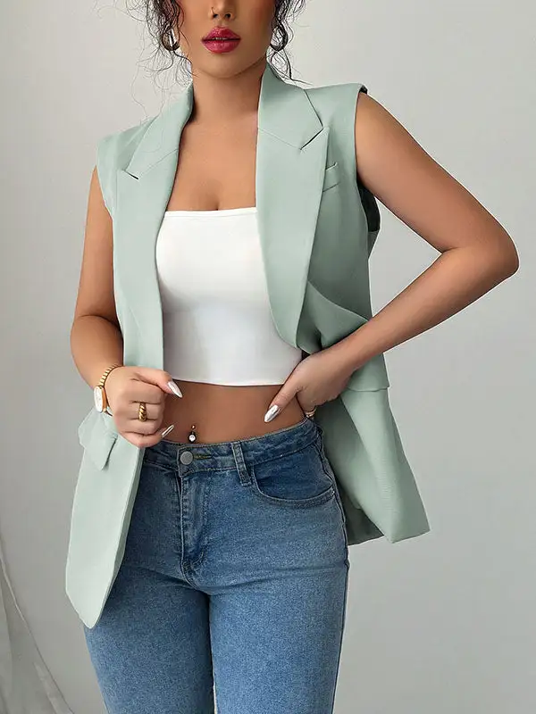 Relaxed Sleeveless Button Front Pocket Notched Collar Blazer Vest