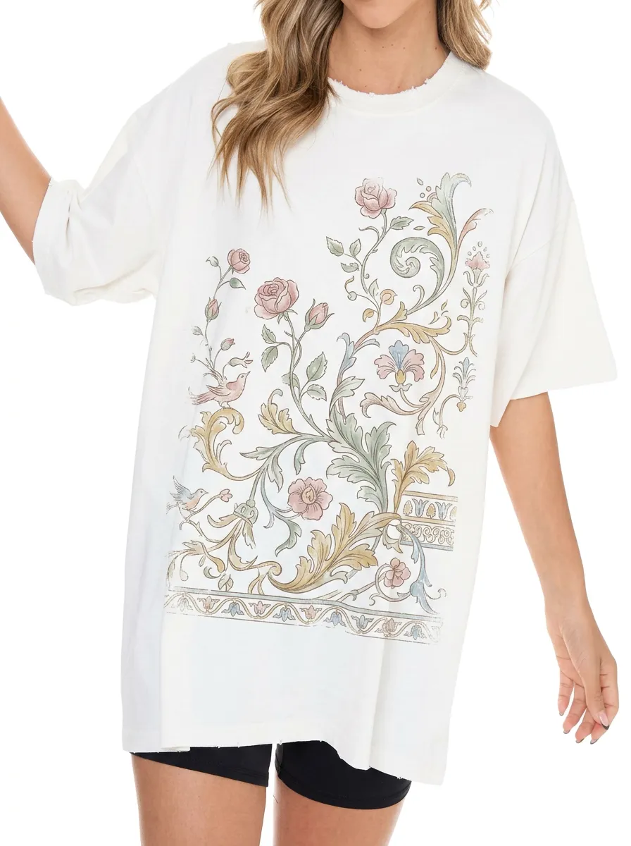 Women's Vintage Floral Bird Botanical Printed T-shirt