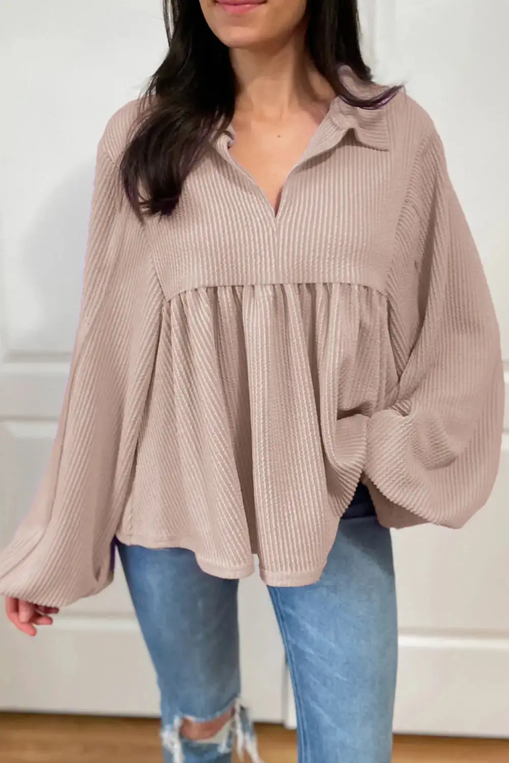 V-Neck Turn-down Collar Blouse