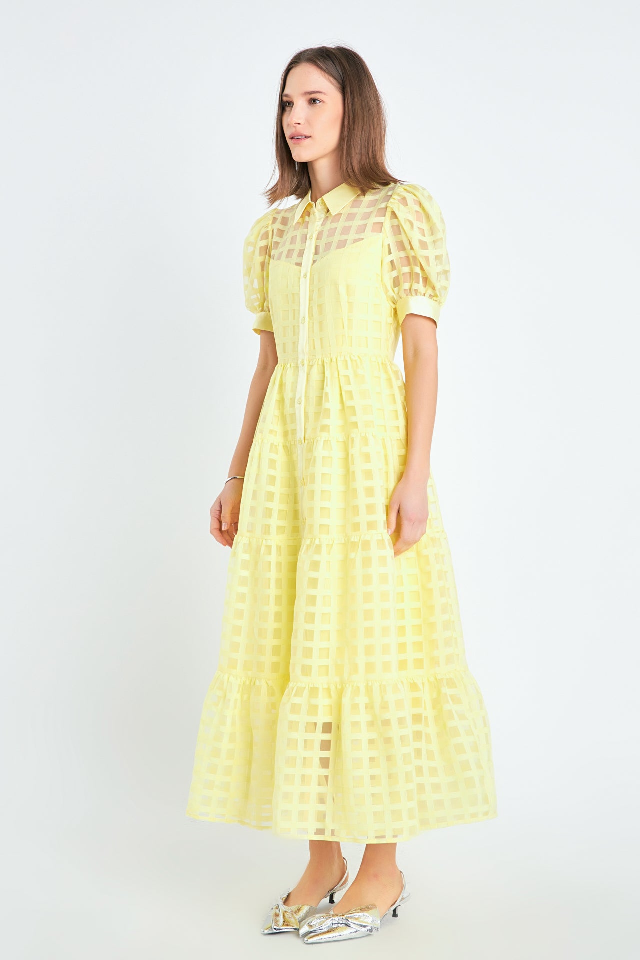 Gridded Organza Tiered Maxi Dress