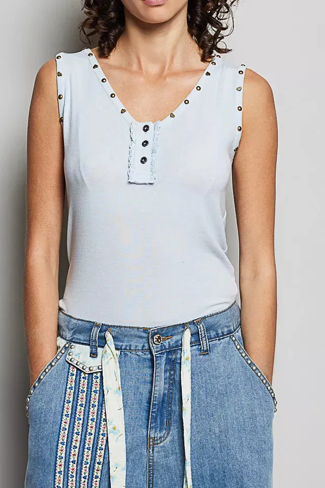 Studded Trim Button Front Ruffle Detail Tank