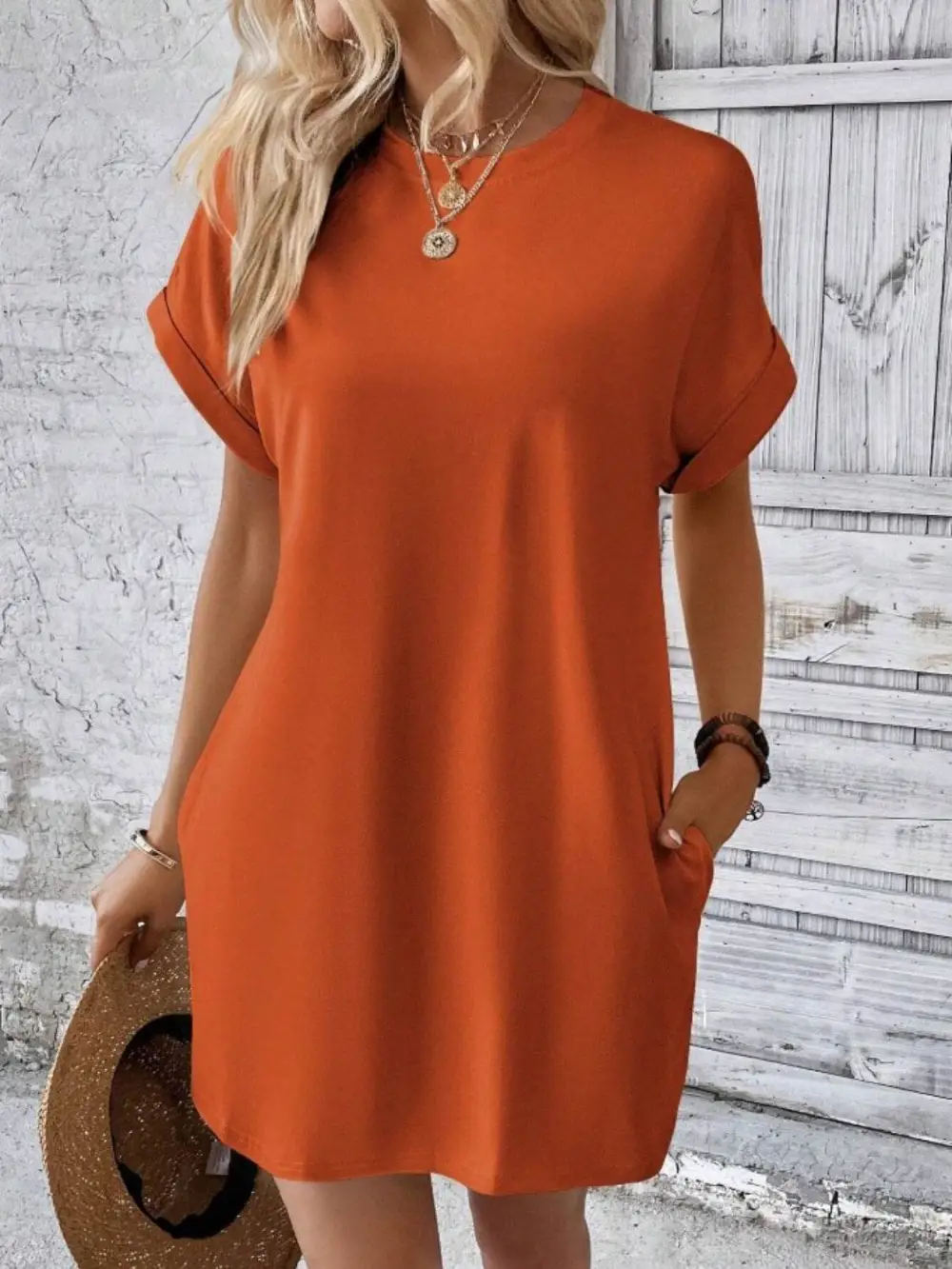 Pocketed Round Neck Short Sleeve Casual Dress