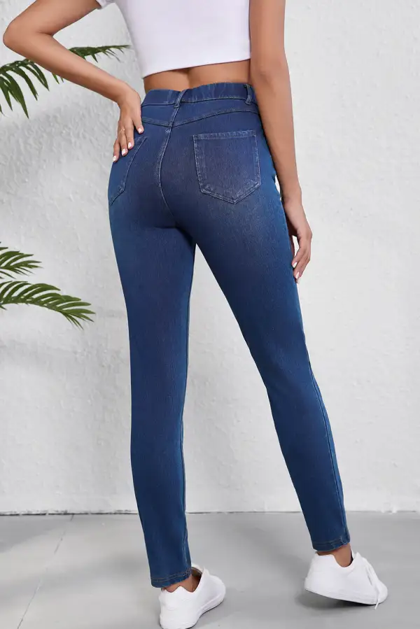 Blue Multiple Pockets Straight Leg Washed Stretchy Knit Casual Jeans