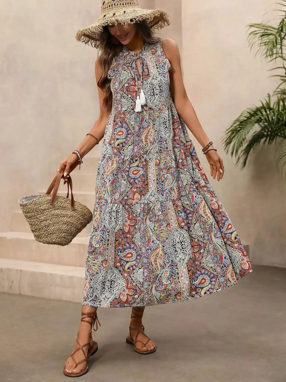 Paisley Print Sleeveless Midi Dress