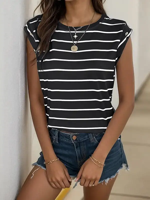 Relaxed Short Sleeve Panel Detail Stripe Round Neck T-Shirt