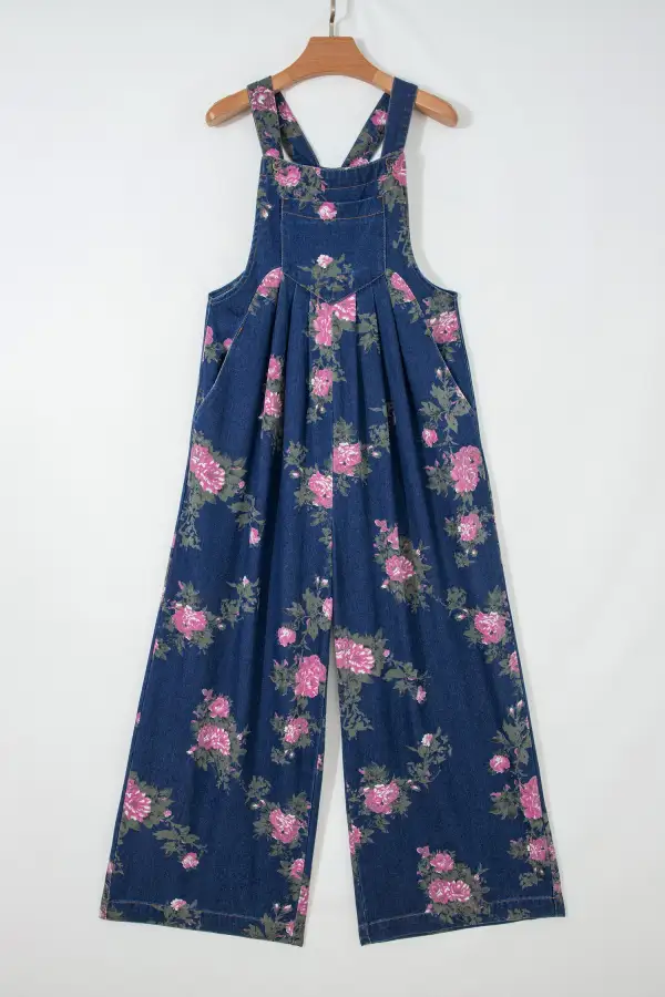 Relaxed Floral Print Pleated High Waist Wide Leg Denim Jumpsuit
