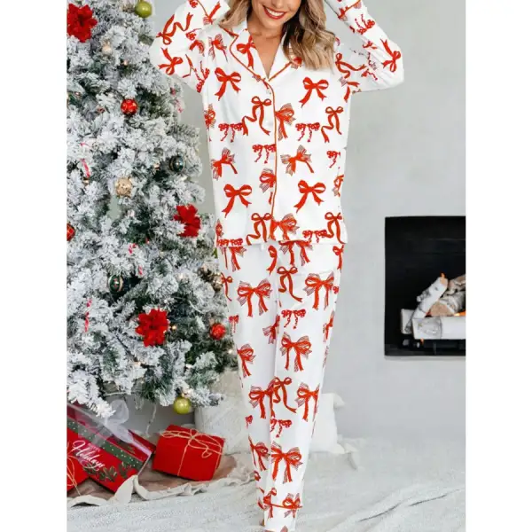 Christmas Bow Print Top and Pants Pcs Pajama Set