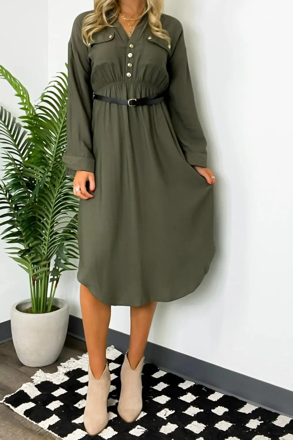 Button Down Belted Midi Dress