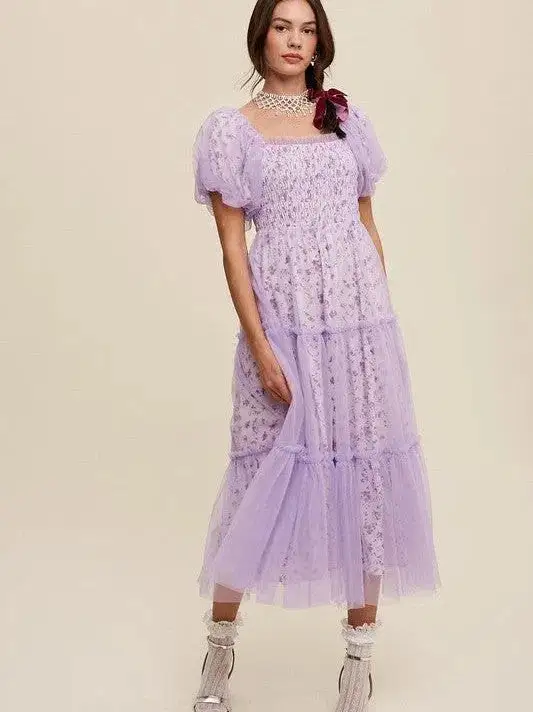 Beauty and Grace Floral Print and Mesh Puff Sleeve Maxi Dress