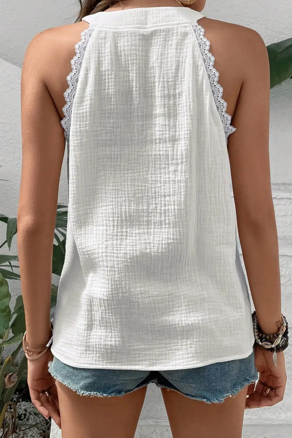 Textured Lace Trim Pure Cotton Sleeveless Top