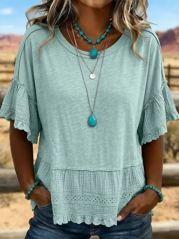 Women'S Retro Art Solid Color Splicing T-Shirt