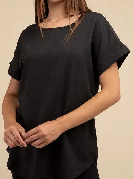 Sweet Basics Rolled Sleeve Boat Neck Top