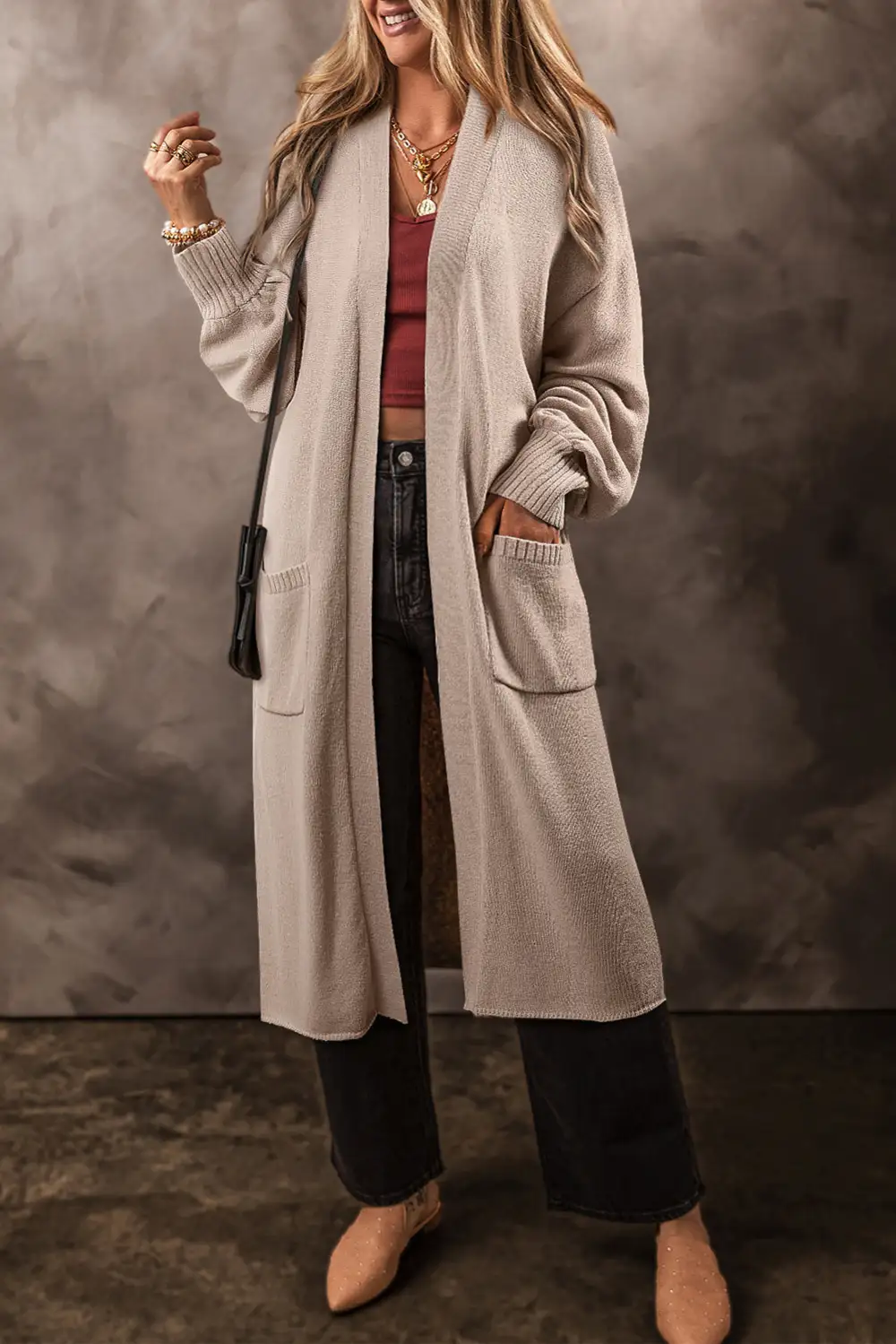 Side Pockets Open Front Long Knit Cardigan