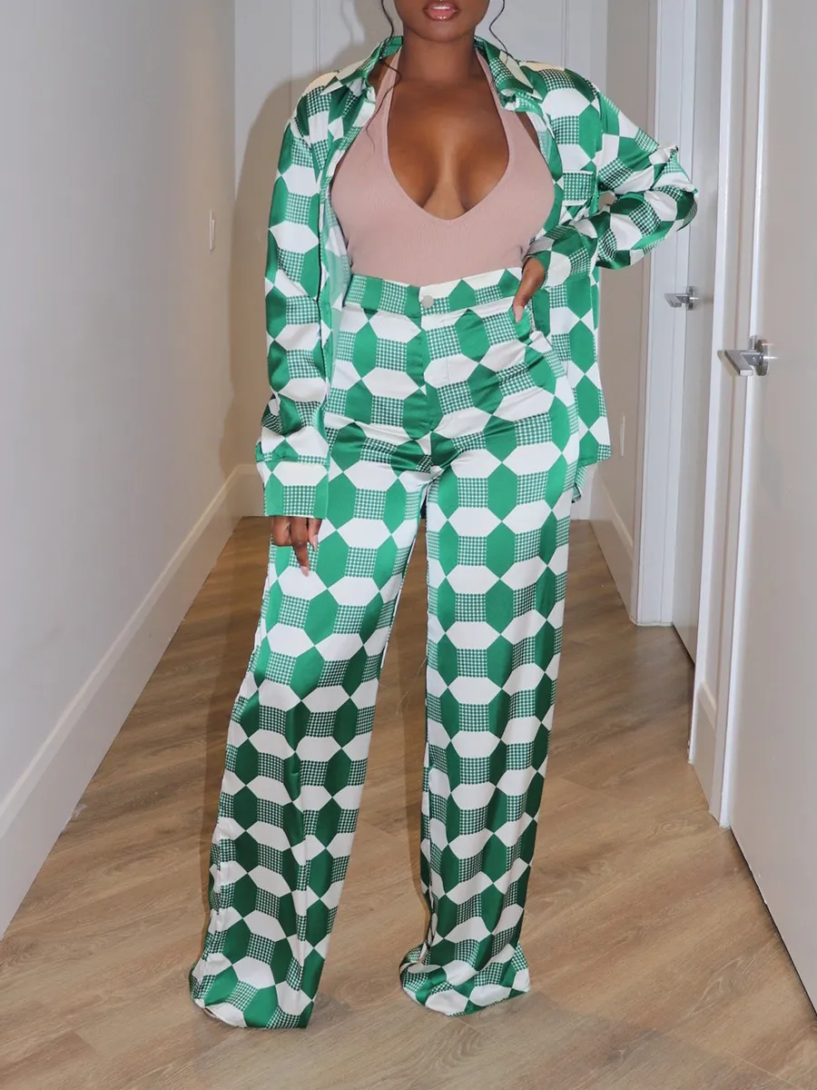 Green Geometric Pattern Satin Shirt Wide Leg Pants Set