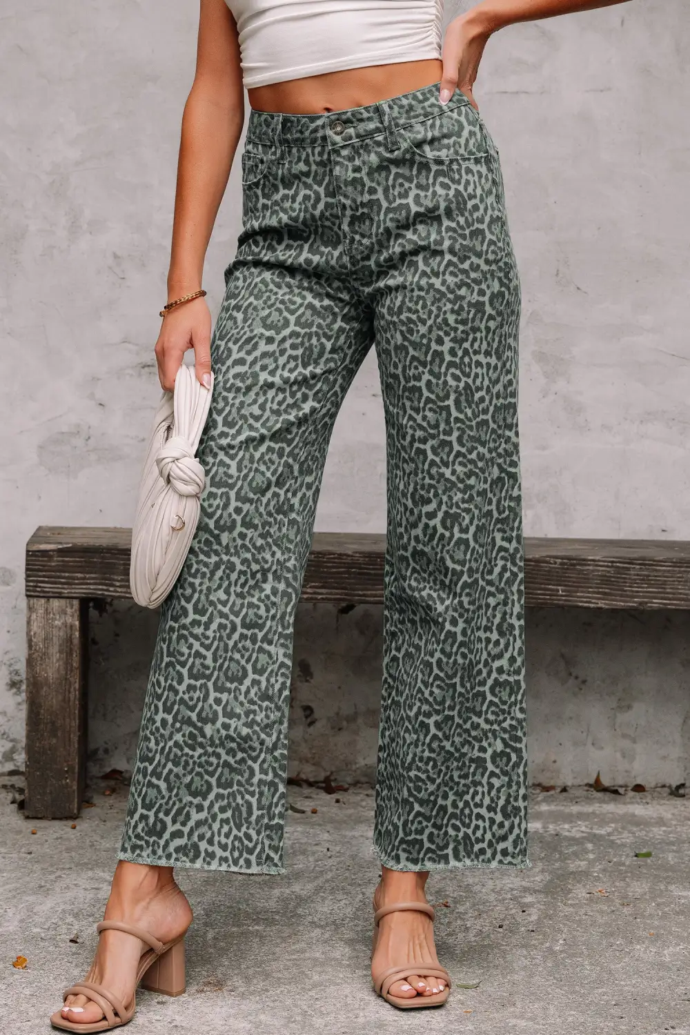 Modern Wide Leg High Waist Frayed Leopard Jeans