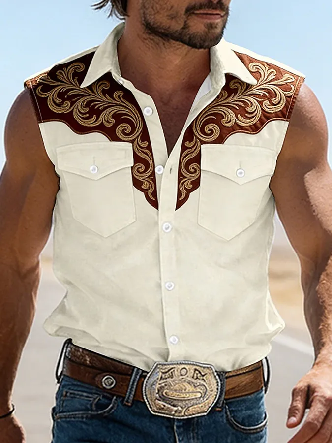 Men's Western Floral Embroidered Sleeveless Button-Down Shirt
