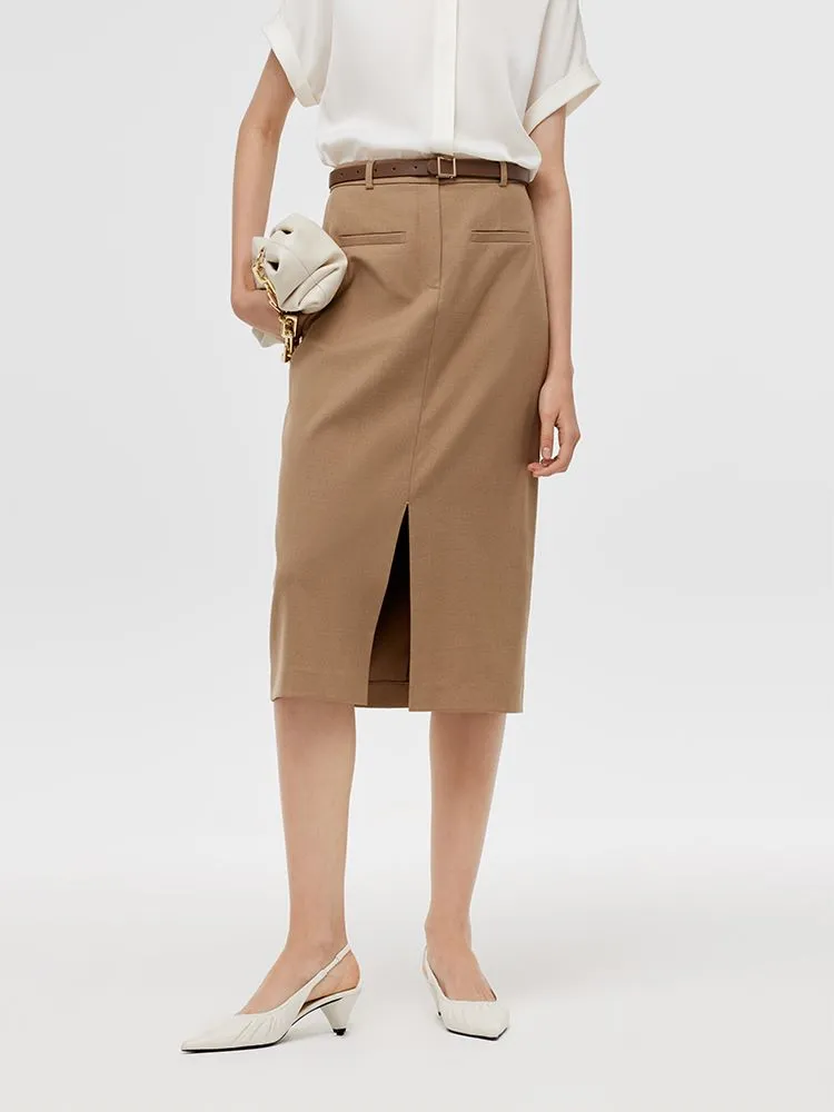 Basic Straight Slit Women Skirt With Belt