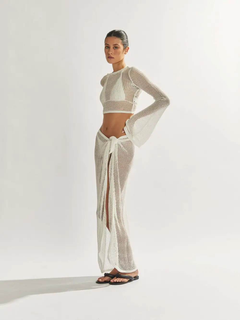 New See-Through Short Backless Long-Sleeved Top High Slit Half-Length Skirt Sweater