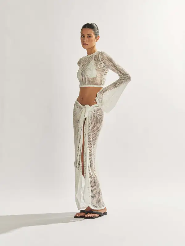 New See-Through Short Backless Long-Sleeved Top High Slit Half-Length Skirt Sweater