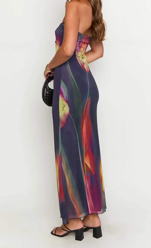 Modern Mesh Strapless Floral Maxi Dress