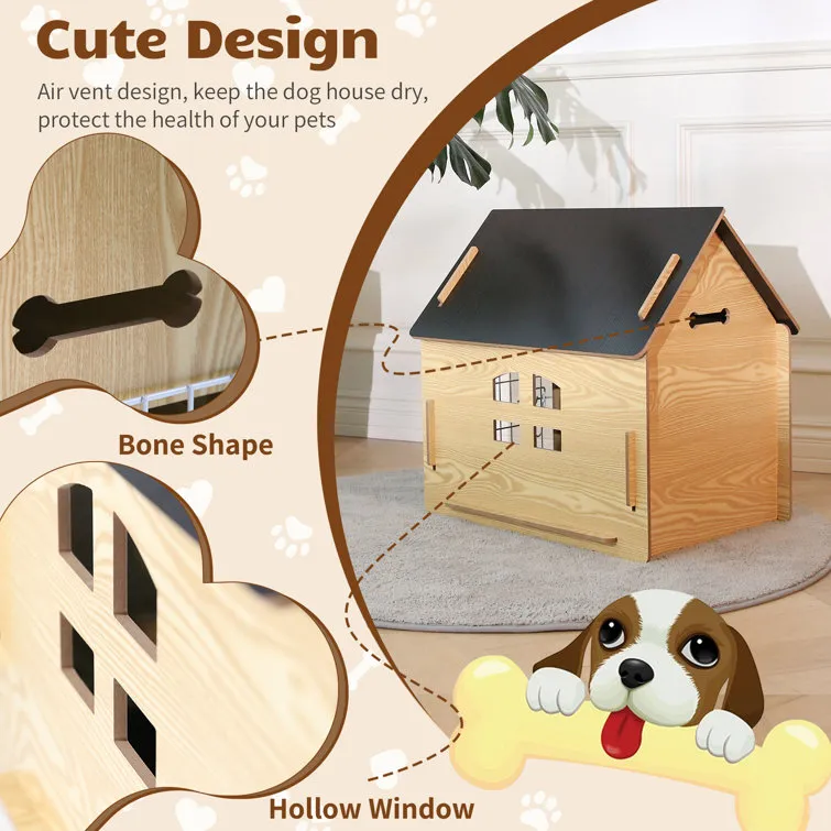 Byrn Wooden Pet House Indoor w/ Roof Dog house w/ Removable Mat and Lockable Door for Small dog cat