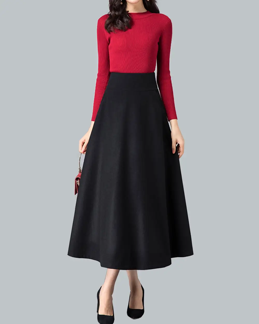 Relaxed Pleated Wool Flared Midi Skirt