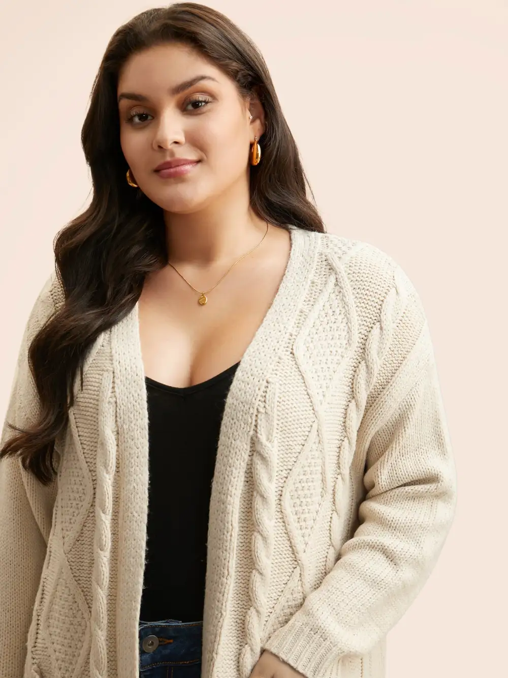 Cable Knit Drop Shoulder Pocket Cardigan