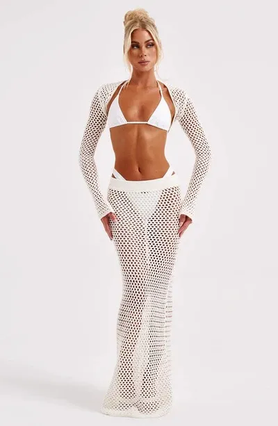 New Seaside Vacation Sunscreen Beach Skirt Sexy Hollow See-Through Long-Sleeved Knitted Suit