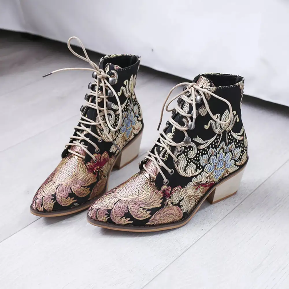 Embroidered Lace-Up Ankle Boots
