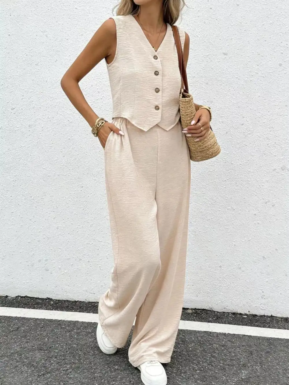 Everyday Button Front Wide Leg Set