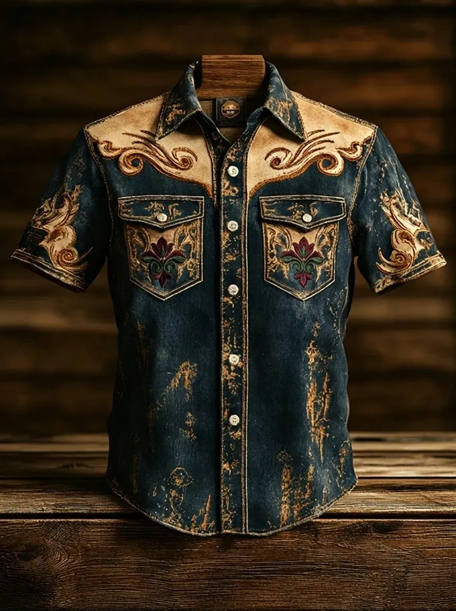 Men's Western Cowboy Floral Embroidery Distressed Printed Shirt