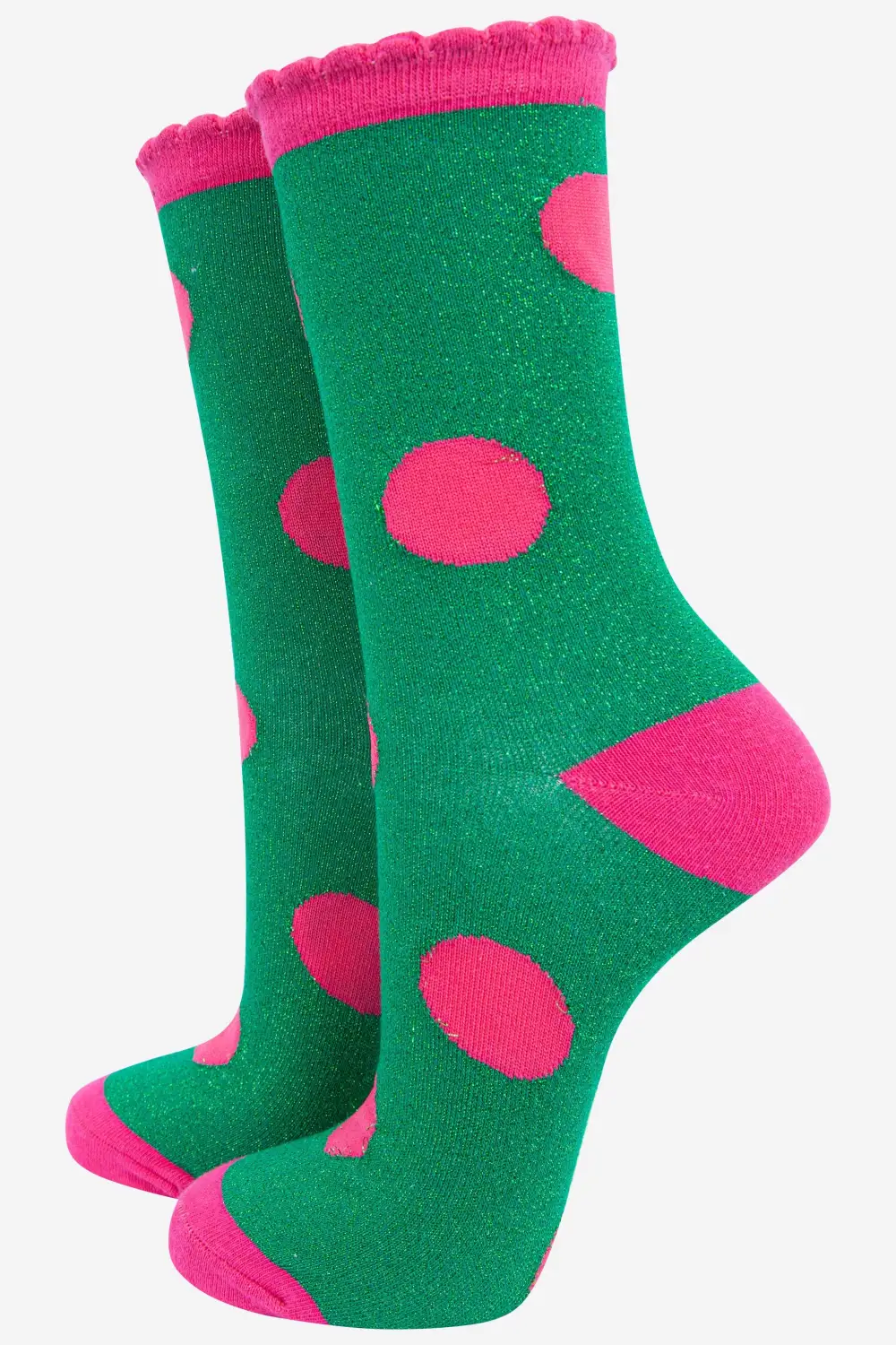 Glitter Women's Cotton Glitter Socks Large Polka Dot Spots Scalloped Cuff