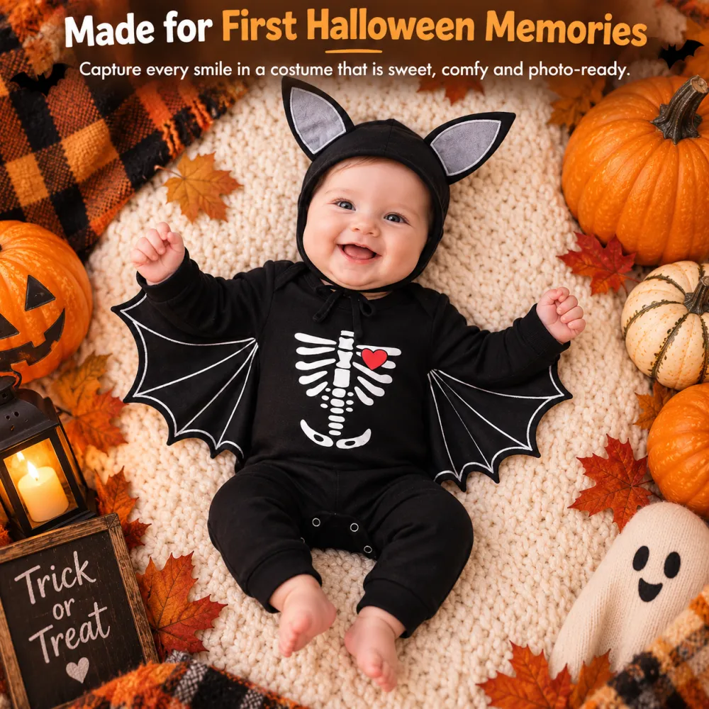 Halloween Skeleton Print Baby Romper Bat Costume Pumpkin Onesie with Hat