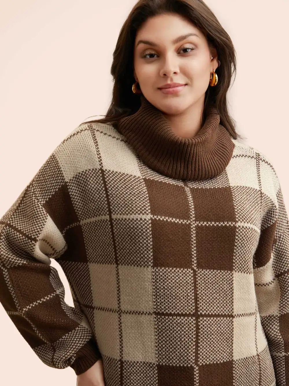 Plaid Turtleneck Drop Shoulder Pullover