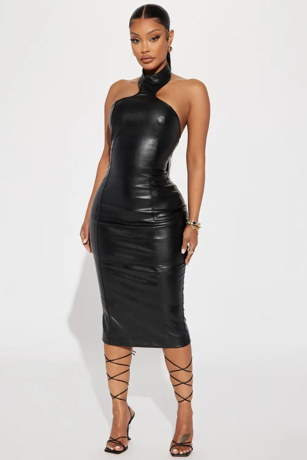 The Countermove Halter Faux Leather Midi Dress - Black